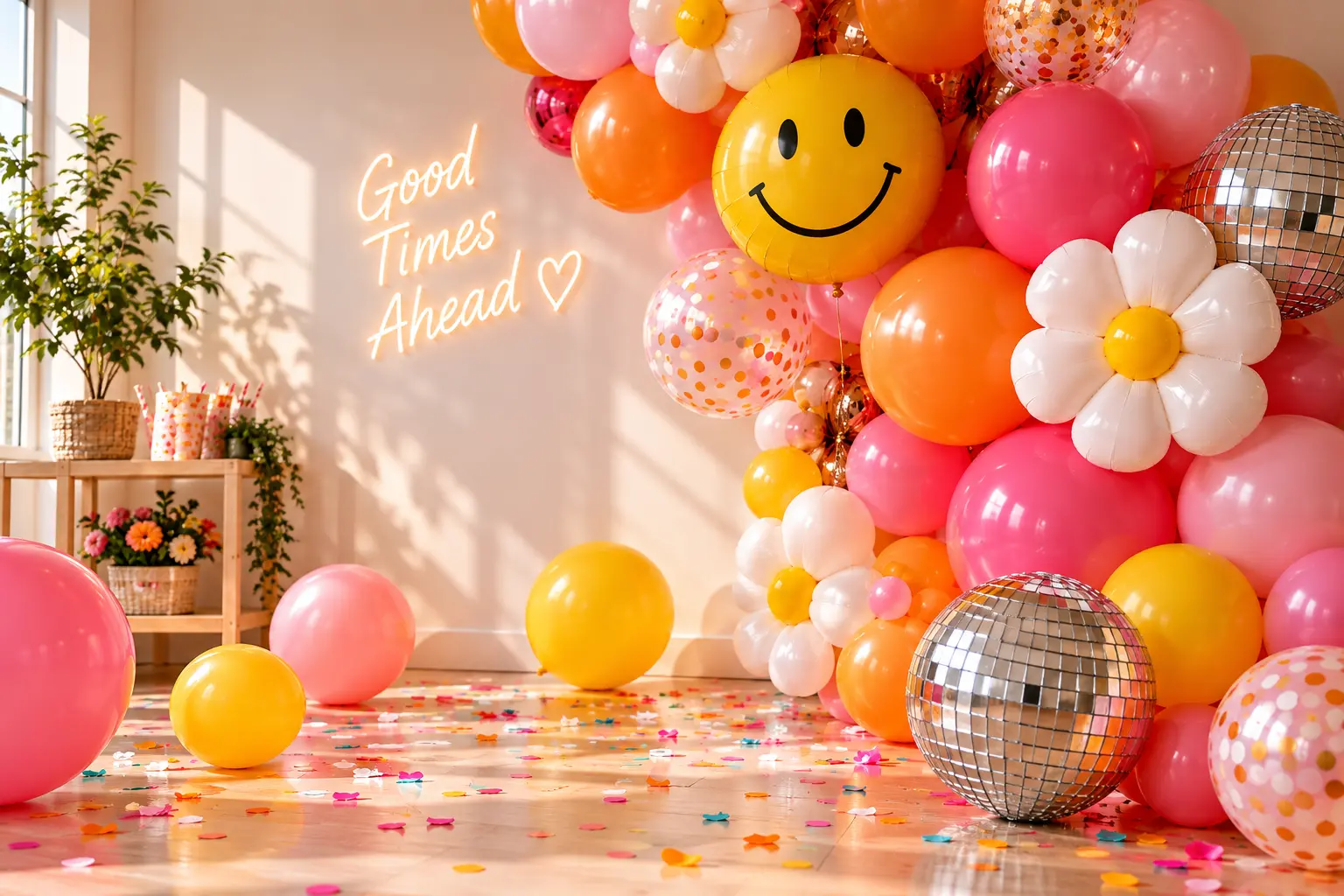 Bright, joyful party setup with balloons and celebration decorations