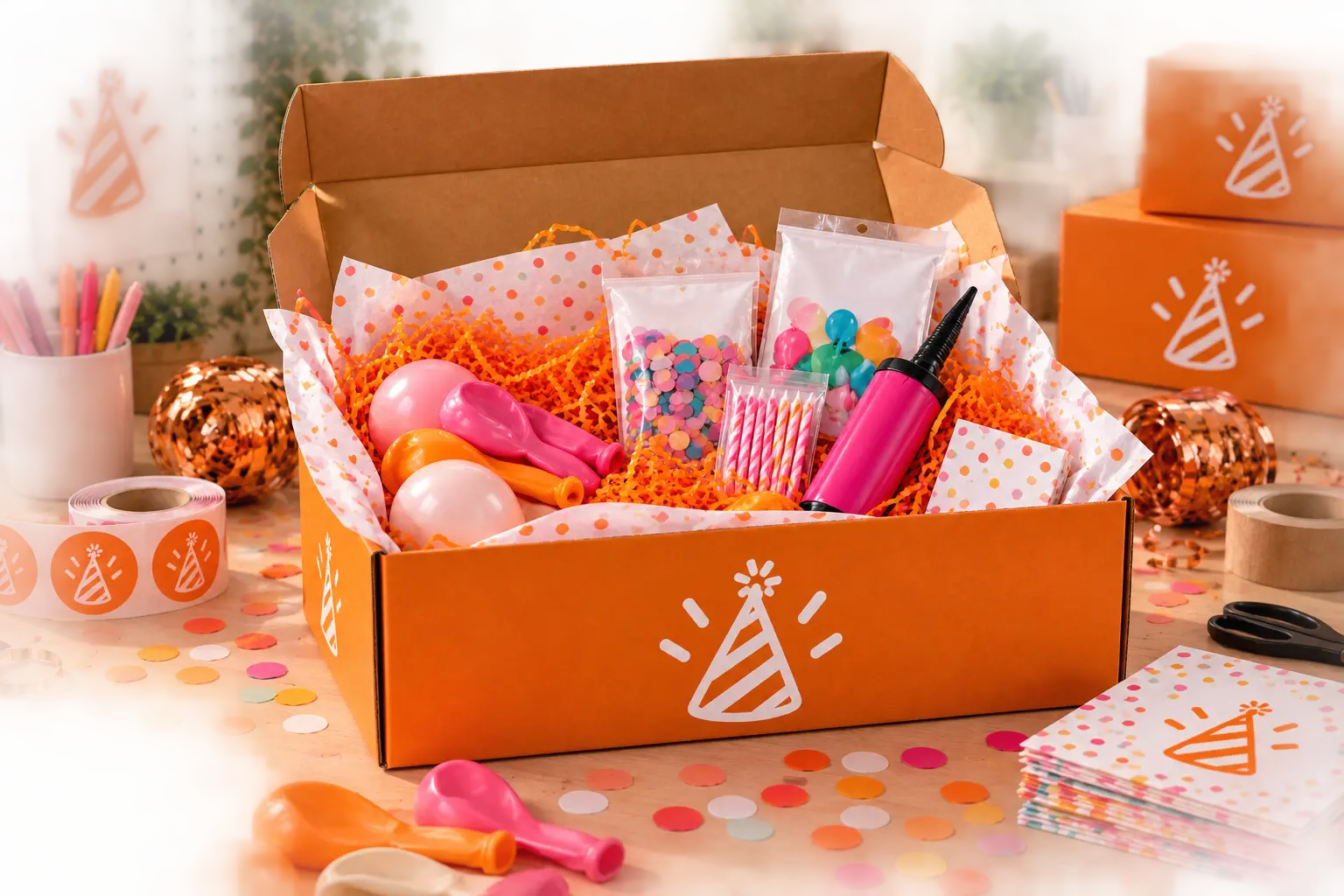 Open My Party Box parcel being packed on a work table with party supplies around it