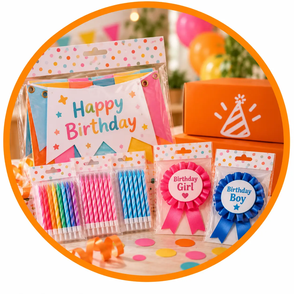 Party decorations including banners, badges and candles