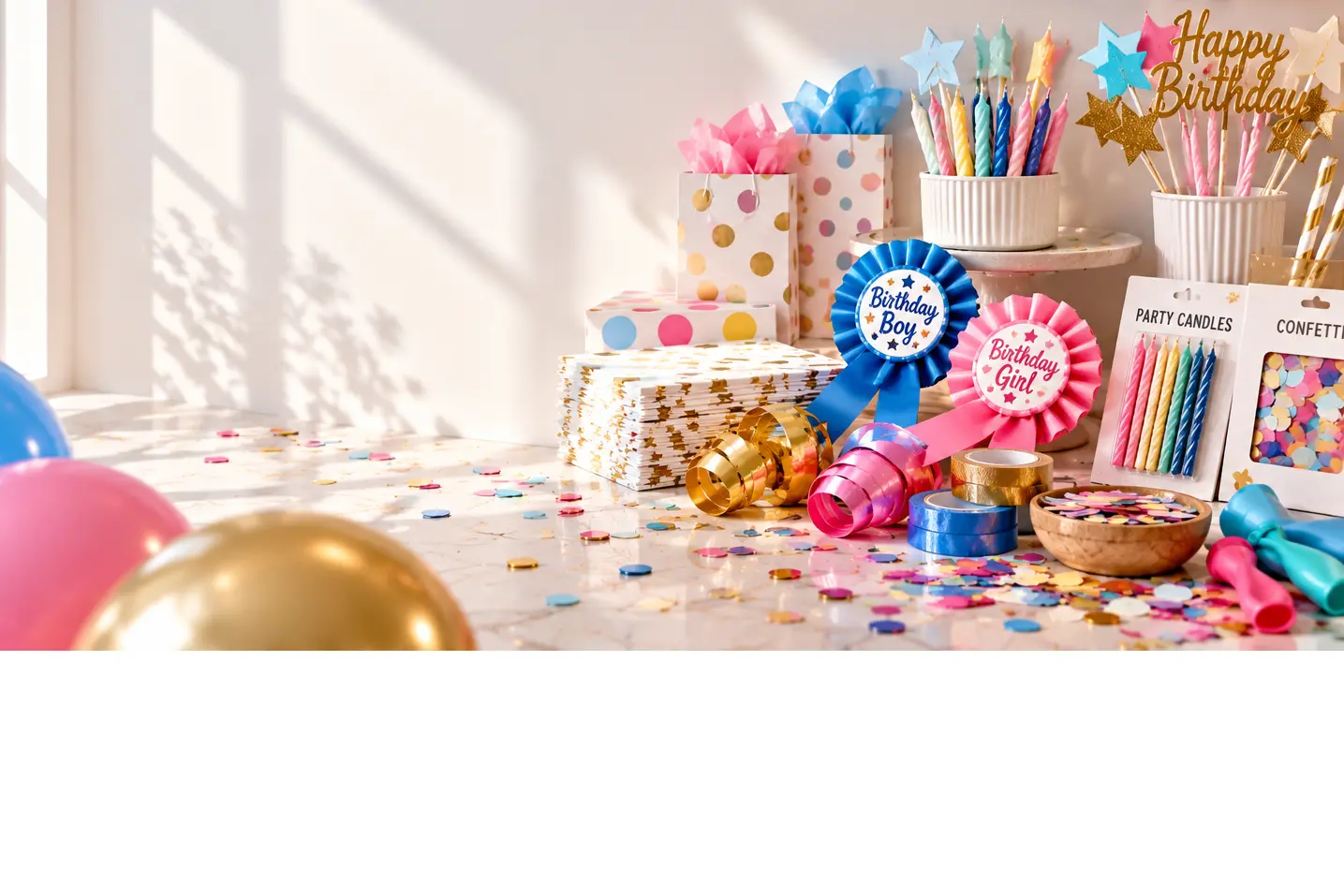 Party essentials including candles and badges