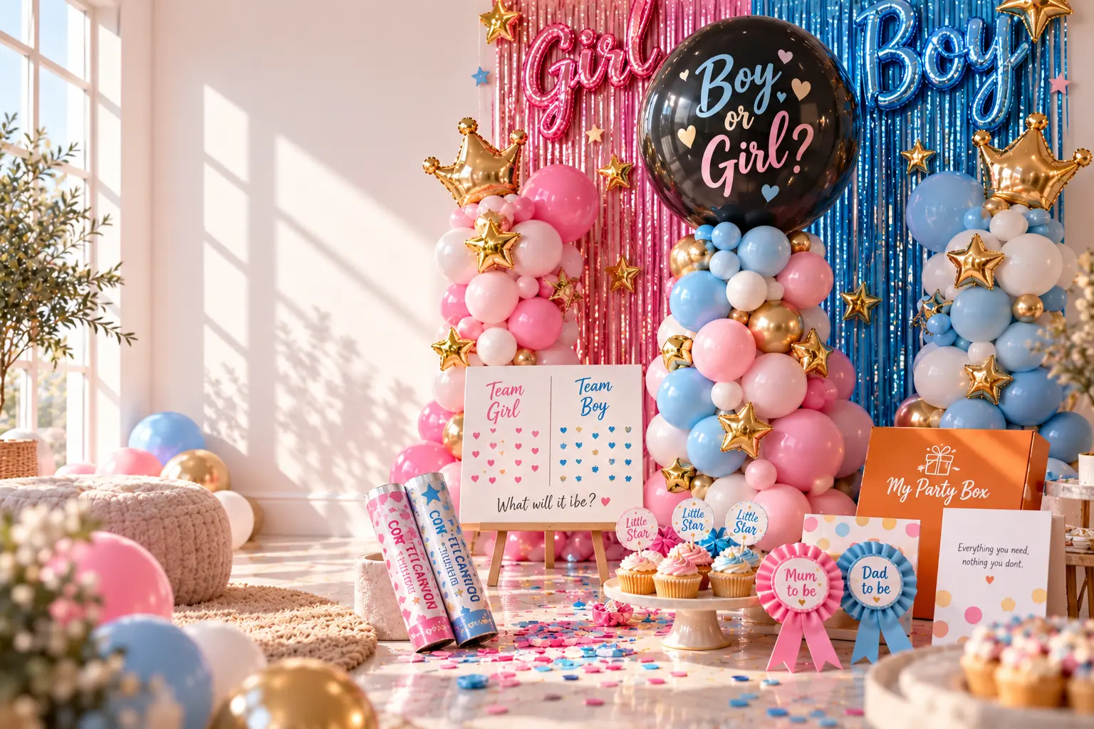 Pink and blue gender reveal party setup with balloons and celebration decorations