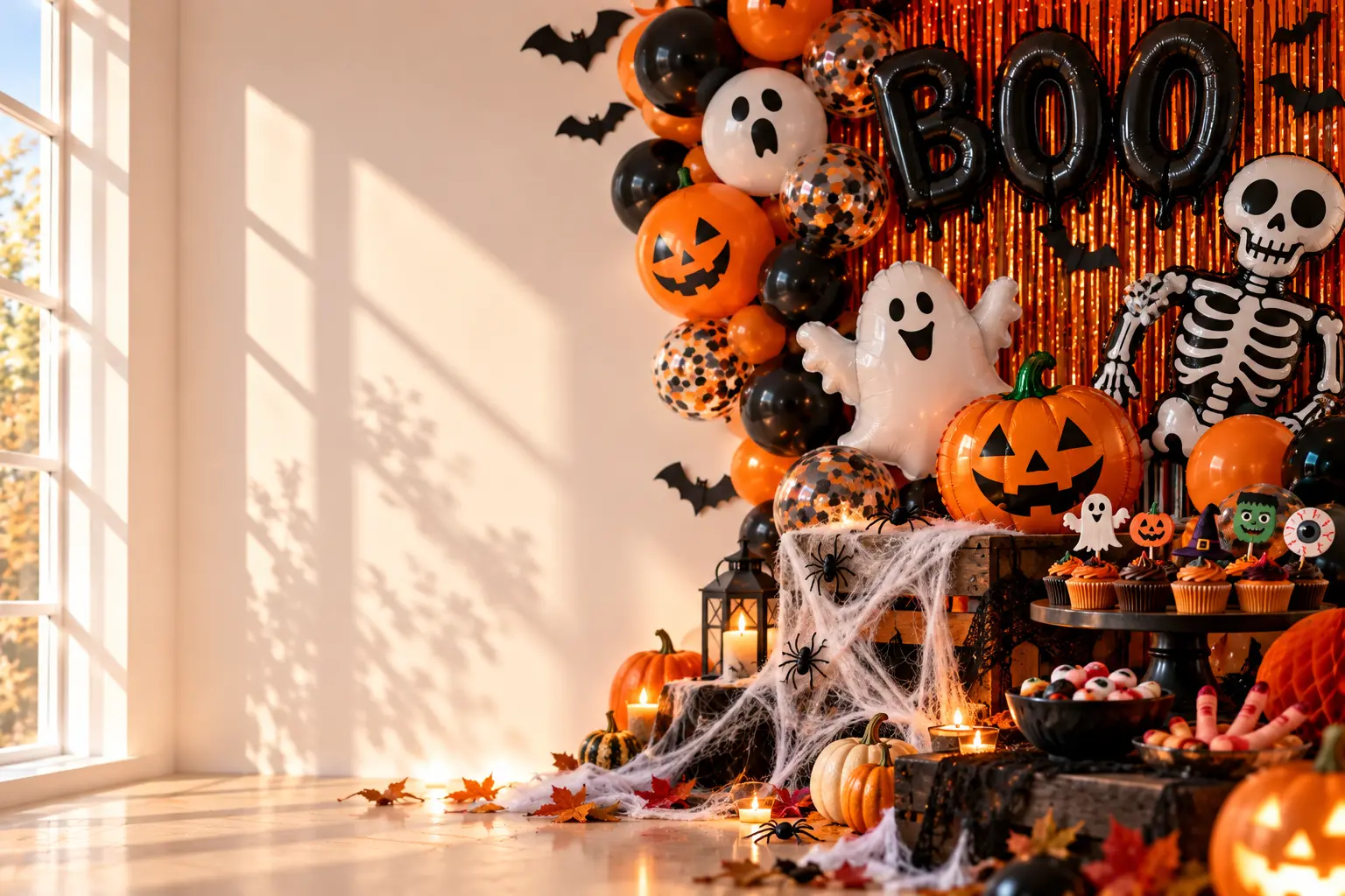 Halloween party setup with orange, black and white balloons and spooky decorations