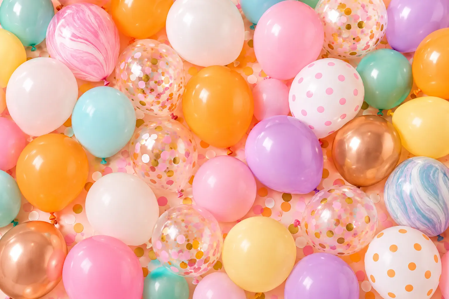Colourful mixed latex and confetti balloons ready for a celebration