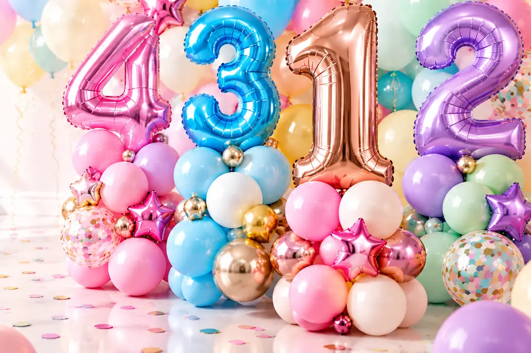 Custom balloon stack ready for a birthday celebration