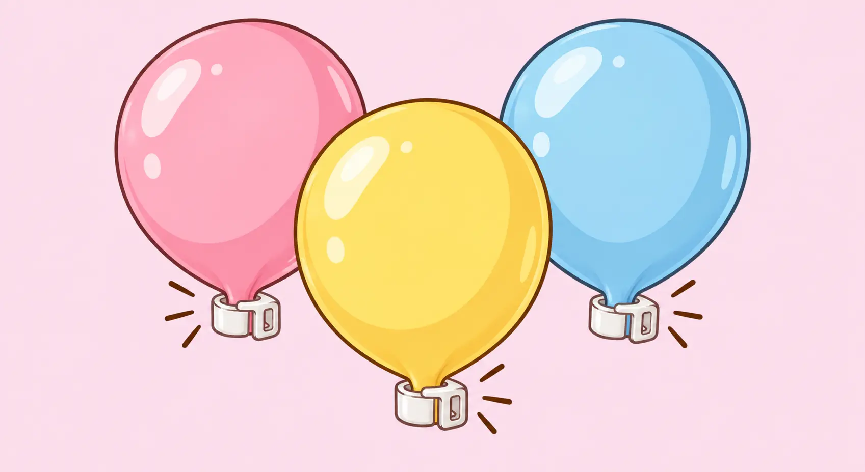 Three colourful balloons with sealing clips